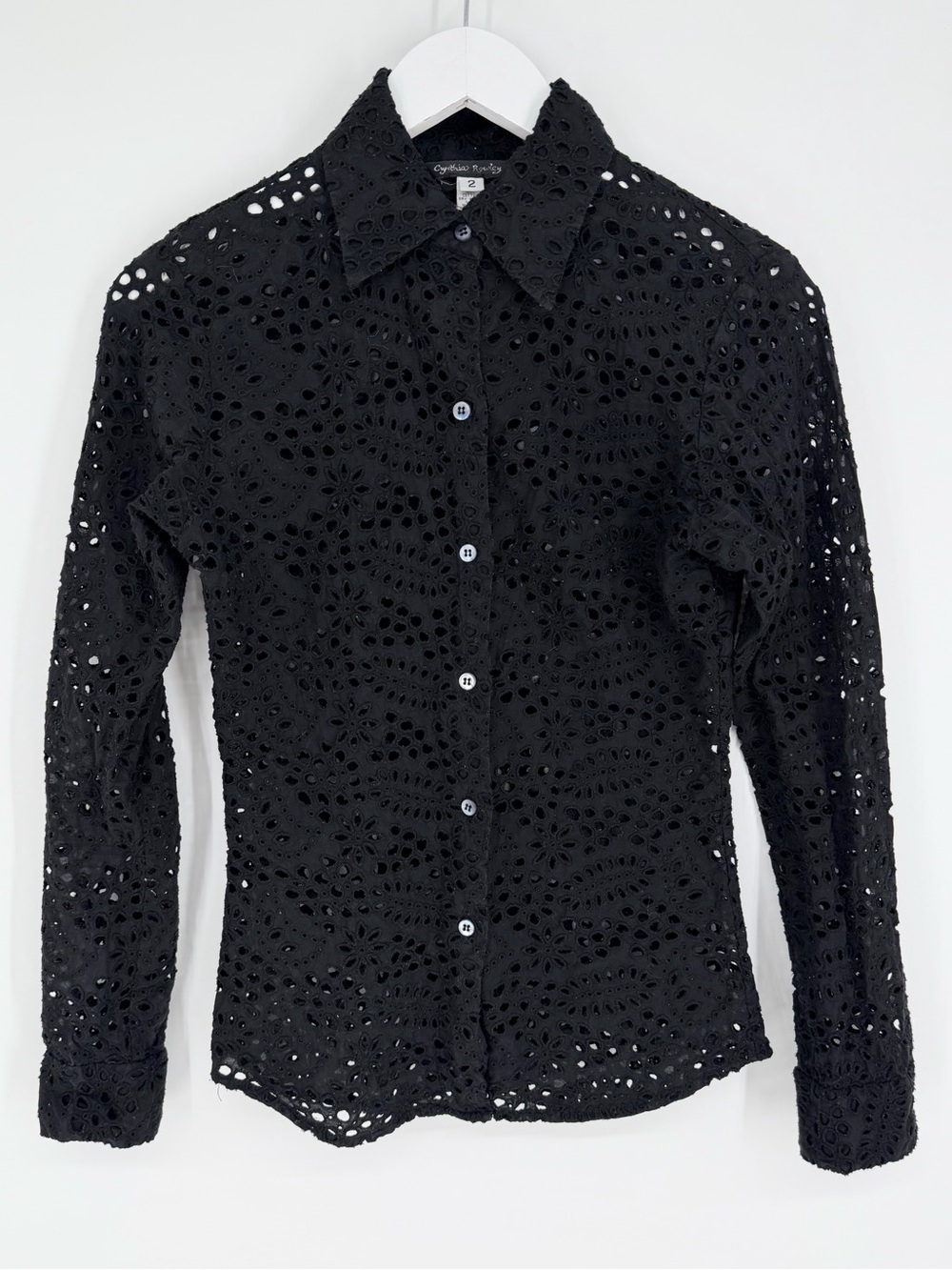 Vintage Cynthia Rowley Cotton Eyelet Button Down Blouse Top Black